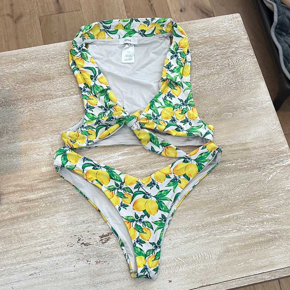 ONIA- Yellow and Green Lemon Print Bikini- Tanga cheeky bottom, tie top, small